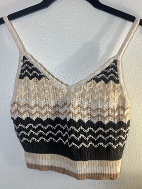 American Eagle Striped Knit Crochet Cami Cropped Tank Top - Cream/Black/Brown